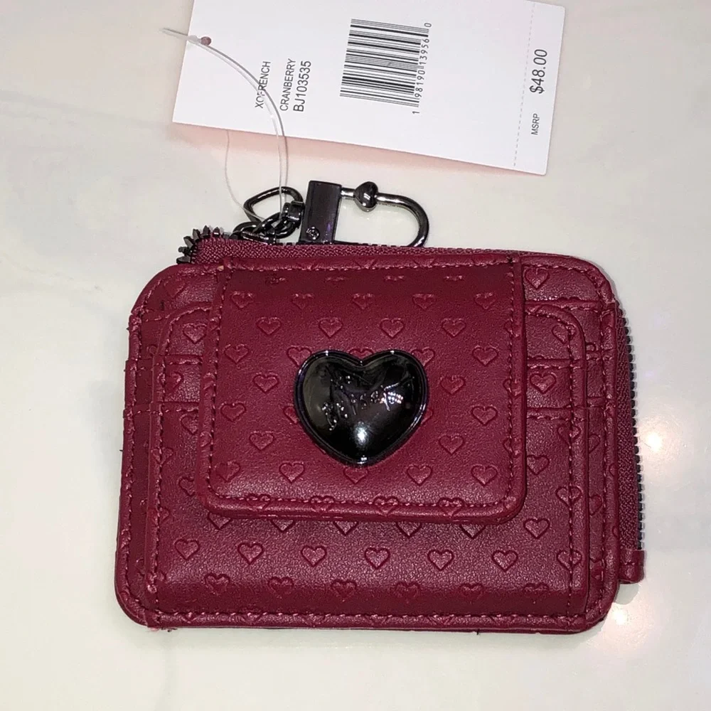 Betsey Johnson XOFRENCH L-Zip Cranberry Card Wallet Dainty Embossed Hearts NWT